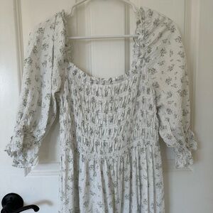White Smocked Ditsy Floral Midi Dress